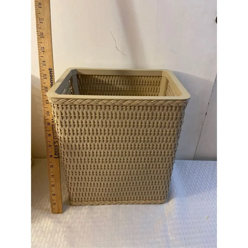 Gray faux wicker bathroom‎ trash can Vintage Retro
